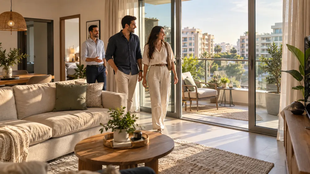 משקיעים מסיירים בדירה בדובאי ובוחנים את החלל מול תוכנית הדירה